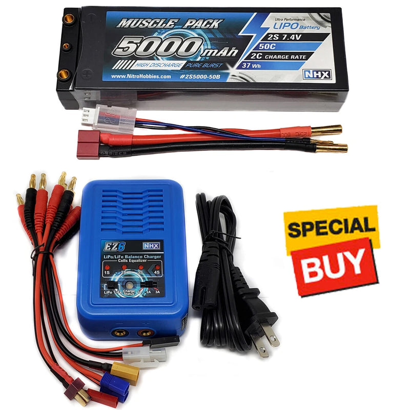 NHX Muscle Pack 2S 7.4V 5000mAh 50C Lipo Battery w/ 4mm Deans Plug / EZ6 Charger Battery
