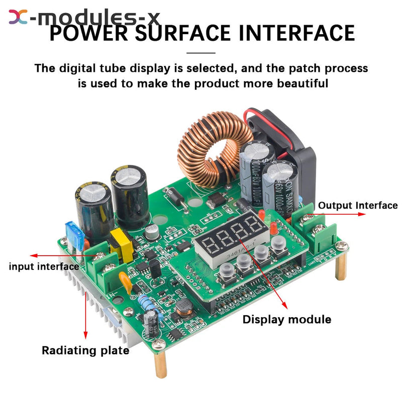 DC buck converter module with digital display, green PCB, inductor coil and terminals