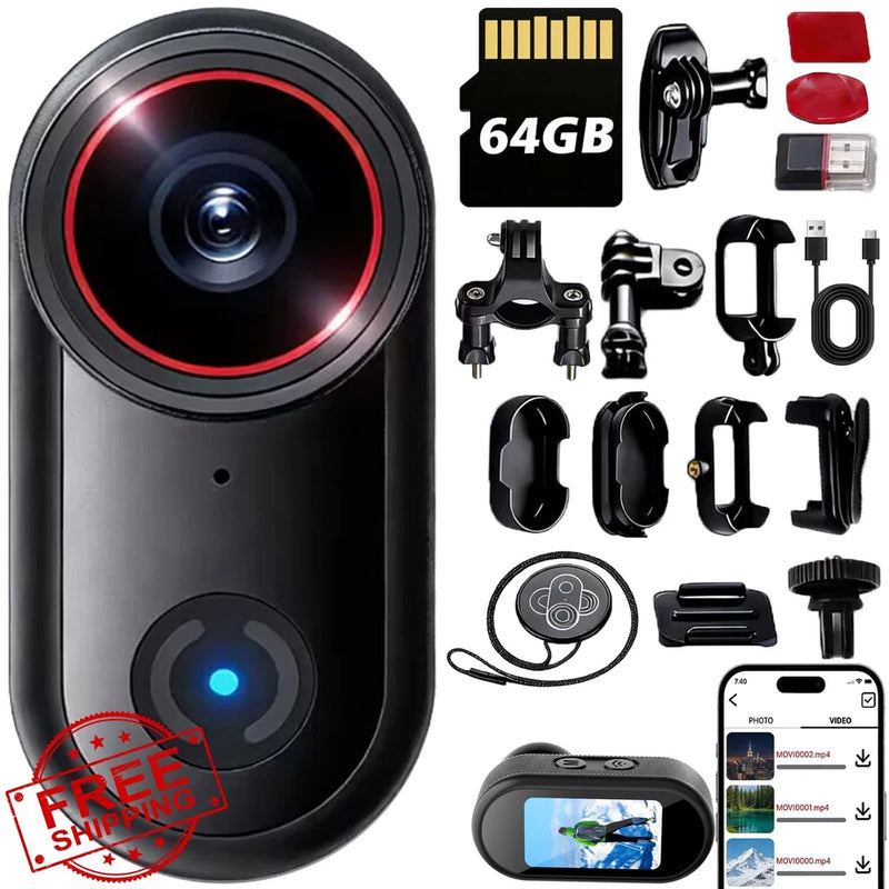 4k Sports Action Camera Mini Body Cam 64GB POV Magnetic Clip
