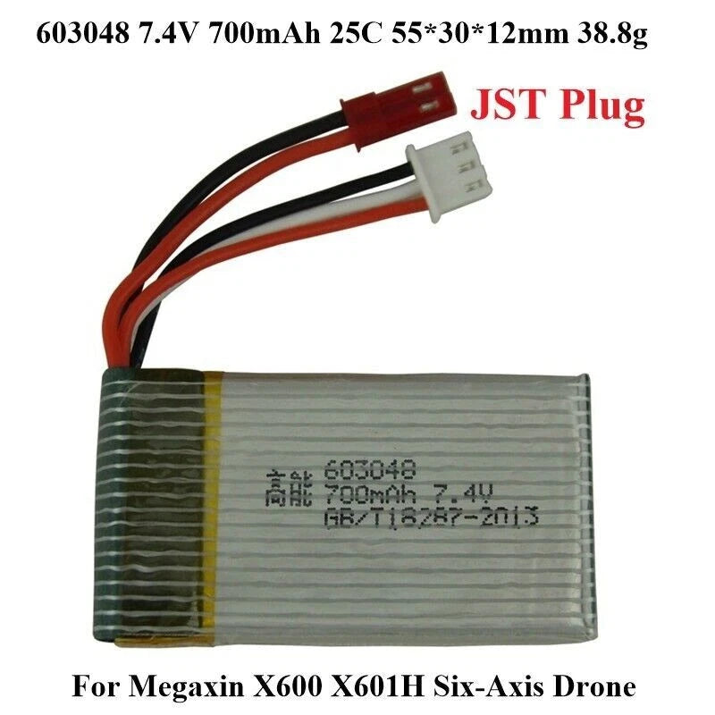 603048 7.4V 700mAh 25C JST Plug Battery For Megaxin X600 X601H RC Six-Axis Drone Battery