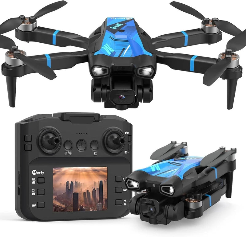 Black 4K camera drone with foldable propellers and controller with screen