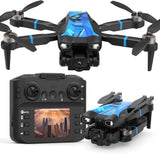 Black 4K camera drone with foldable propellers and controller with screen