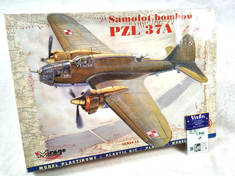 Model aircraft kit box for Mirage Hobby 1/48 PZL.37A bomber, with Yahu photo-etch panel
