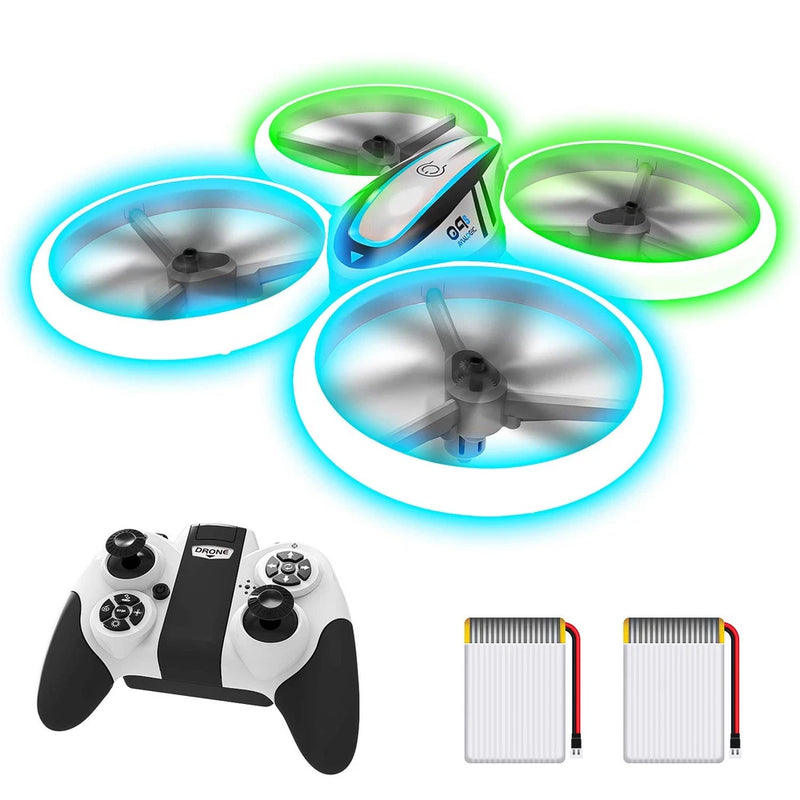 Kids RC quadcopter drone with LED rings, remote controller and two rechargeable battery packs
