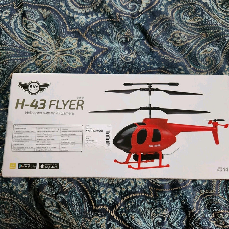 Red and white H-43 helicopter drone model on retail box with Wi-Fi camera