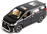 Black 1/24 alloy pull-back model car toy with detailed grille and white LED headlights