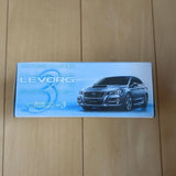 Subaru LEVORG mini car model toy in box, silver-blue sedan image on packaging