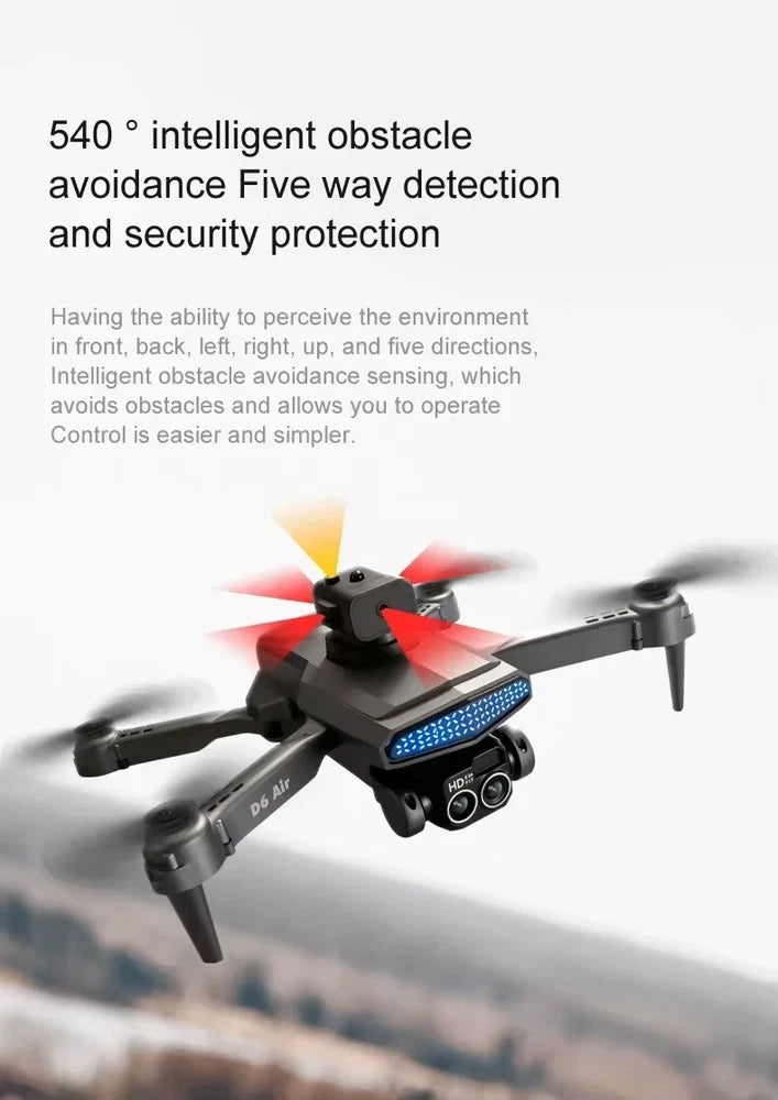 Black mini quadcopter drone with front camera and red accent lights