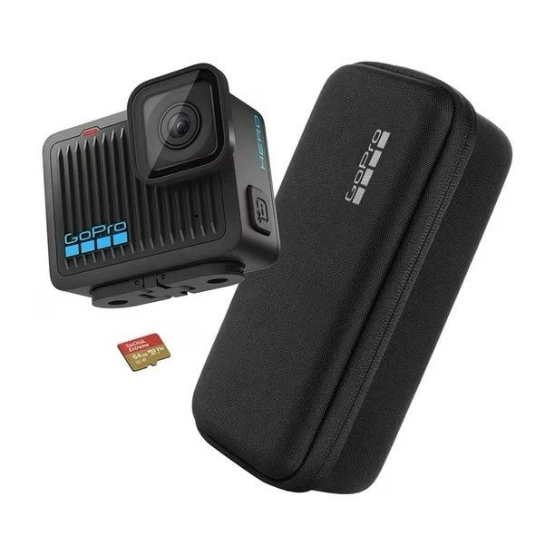 GoPro action camera with black carrying case and 64GB microSD card
