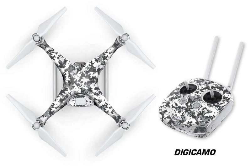 Drone wrap decal set in black-and-white digital camouflage on quadcopter and remote