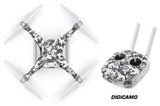 Drone wrap decal set in black-and-white digital camouflage on quadcopter and remote