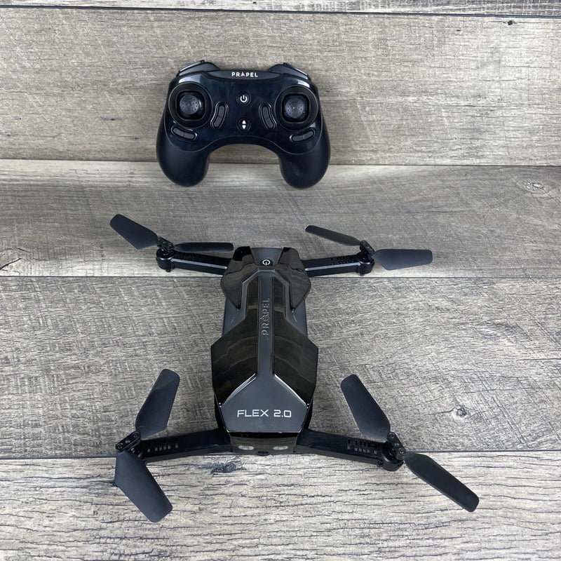 Folding HD camera drone and controller set, black with four fold-out propellers