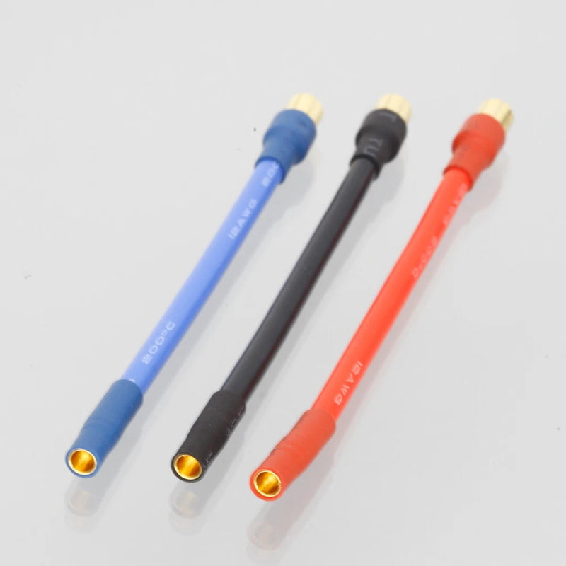 Set of RC bullet connector wire leads in blue, black, and red with gold tips