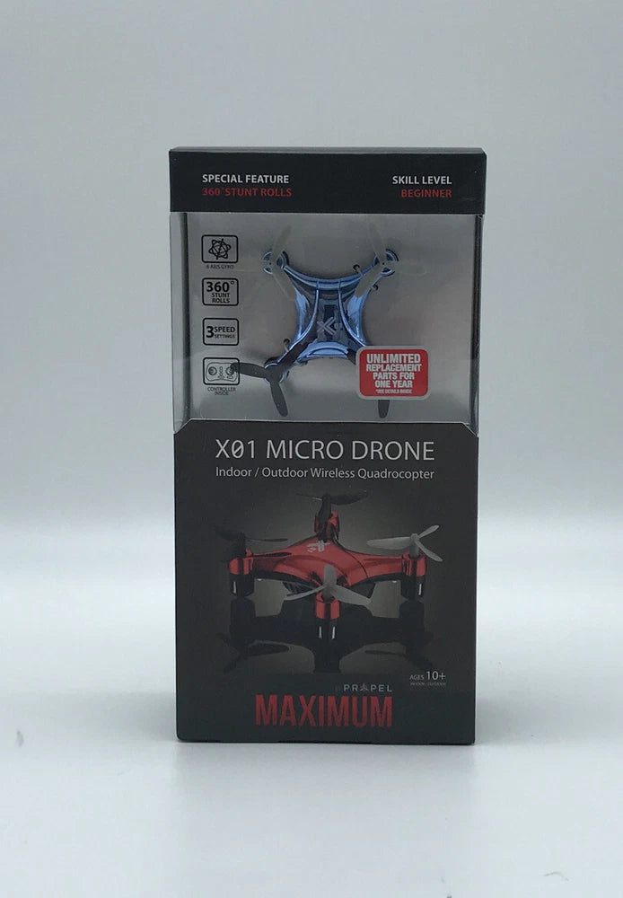 Titanium Blue micro drone quadrocopter product box with drone graphic and Maximum text