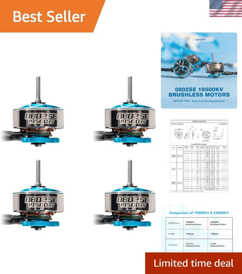 Ice blue 4-pack brushless motors, labeled 0820SE 19500KV, with wiring diagram sheet