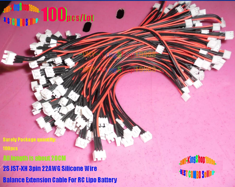 100Pcs 2S JST XH 3Pin Lipo Battery Balance Extent 20CM 22AWG Silicone Wire Cable