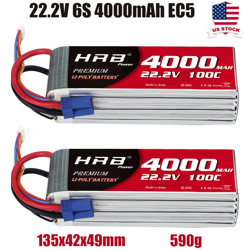 2xHRB 6S 4000mAh Lipo Battery 22.2V EC5 60C for Truck Drone Car Boat Quadcopter