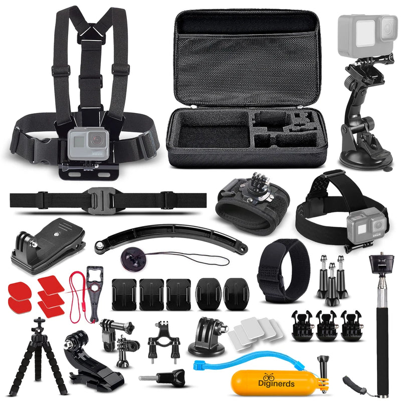 GoPro action camera accessory kit with mounts, case, and tools for attachment