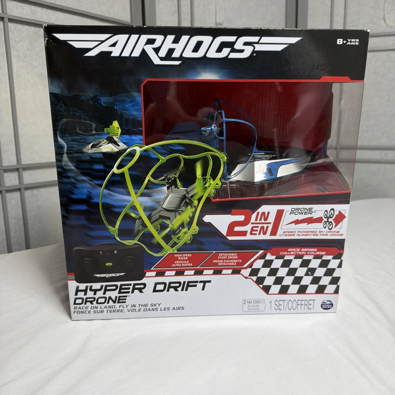 AIRHOGS Hyper Drift drone retail box with 2-in-1 and checkered design