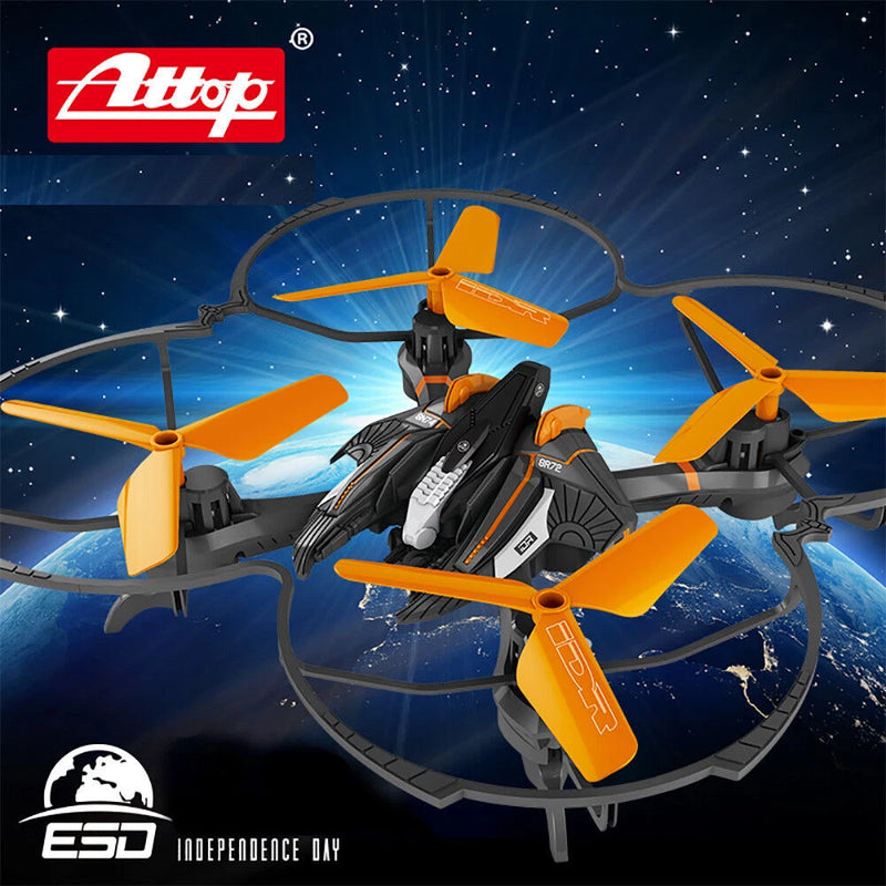 Orange and blue quadcopter drone with four propellers and front camera module
