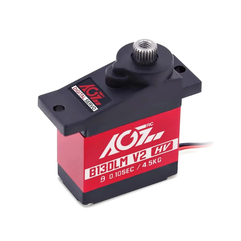 Programmable micro RC servo motor with black case and red label, with wire leads