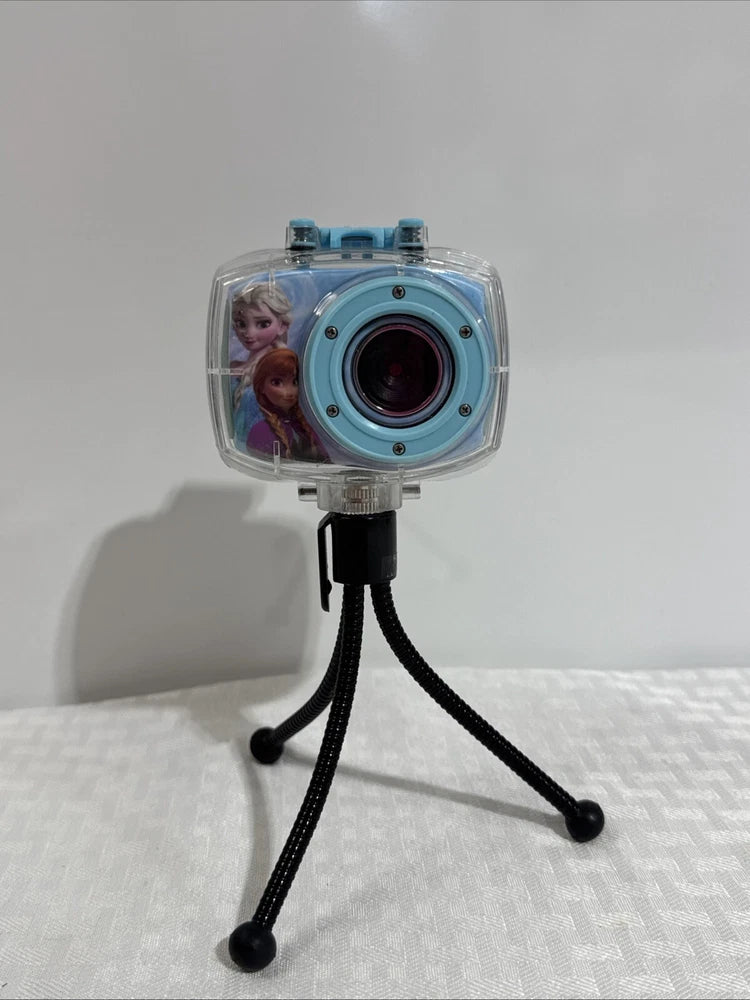 Blue clear action camcorder with wide lens and mini tripod