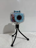 Blue clear action camcorder with wide lens and mini tripod