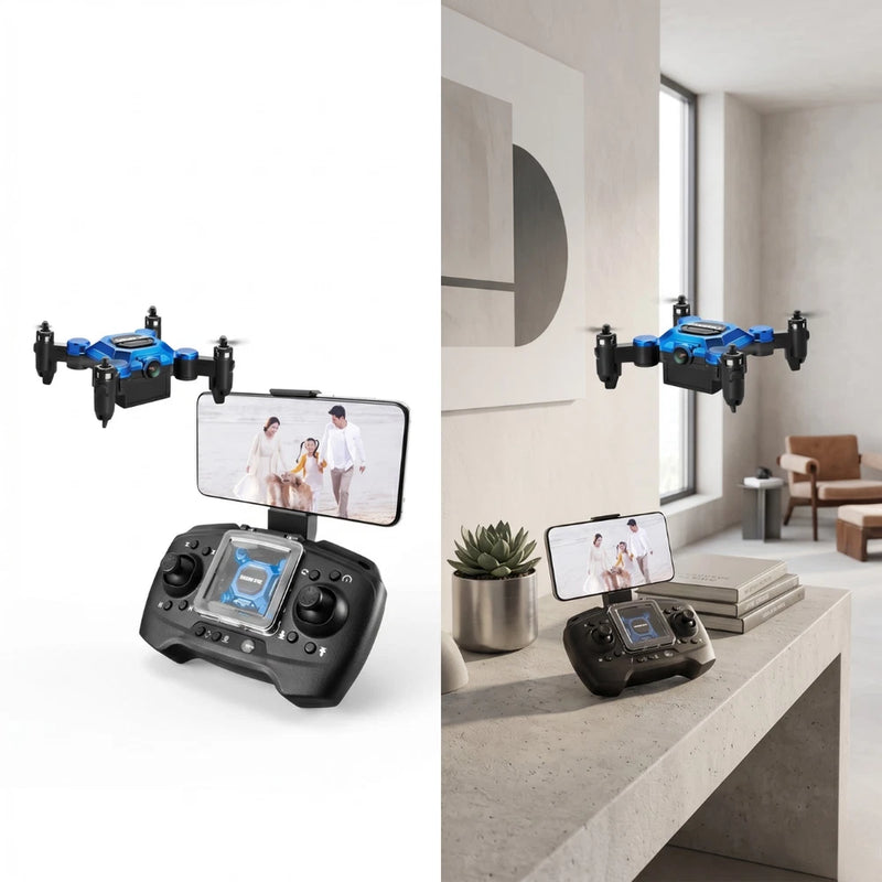 Foldable mini RC drone with camera, blue top and black controller, phone display attached
