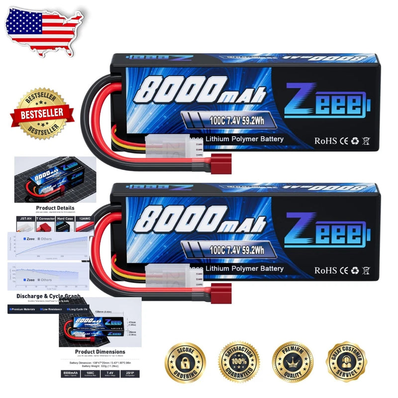 2S Lipo Battery 8000mAh 7.4V 100C, Hard Case, T Plug, RC Use (2 Pack)