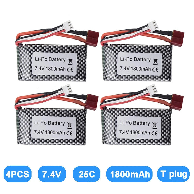 4Pack 7.4V 1800mAh 25C 2S Li-po Battery T Plug for WLTOYS A959 B A969 B A979 B