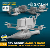 FPV drone model with battery and suspension, light gray body and propellers