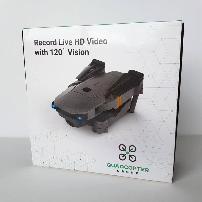 Quadcopter drone model box showing live HD video and 120° vision with drone graphic