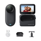 Insta360 action camera kit with black waterproof camera, front lens, and touch screen.