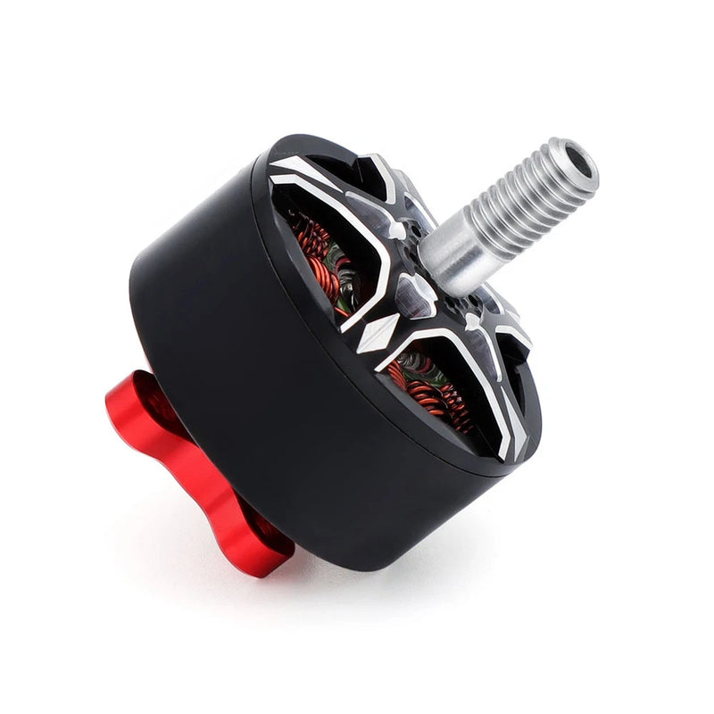 Brushless drone motor with threaded shaft and vented housing, black and silver