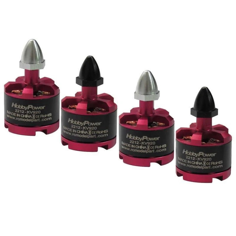 Set of 4 red brushless drone motors with silver and black prop hubs