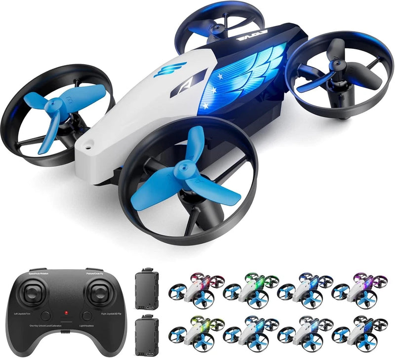 Blue and white kids drone with four propellers and remote controller