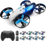 Blue and white kids drone with four propellers and remote controller