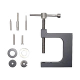 Compact metal pulling tool with C-frame and threaded screw, plus pin and washers