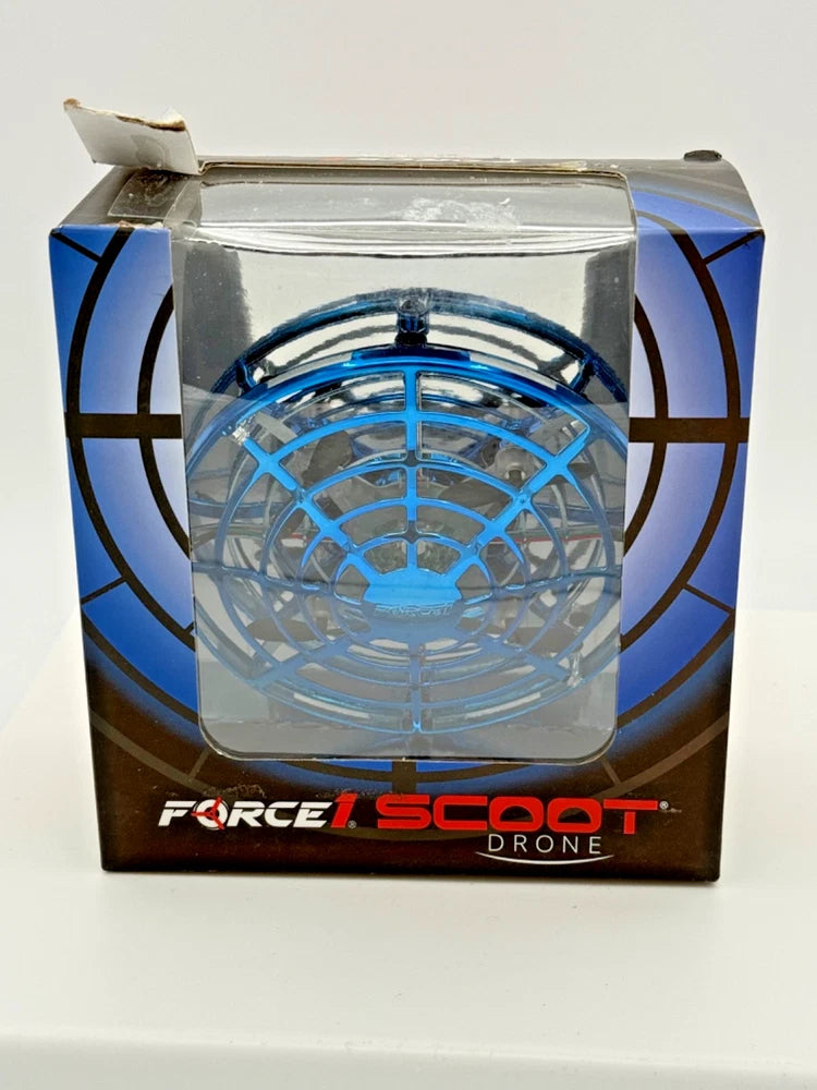 Hands-free drone in retail box with blue circular prop guard