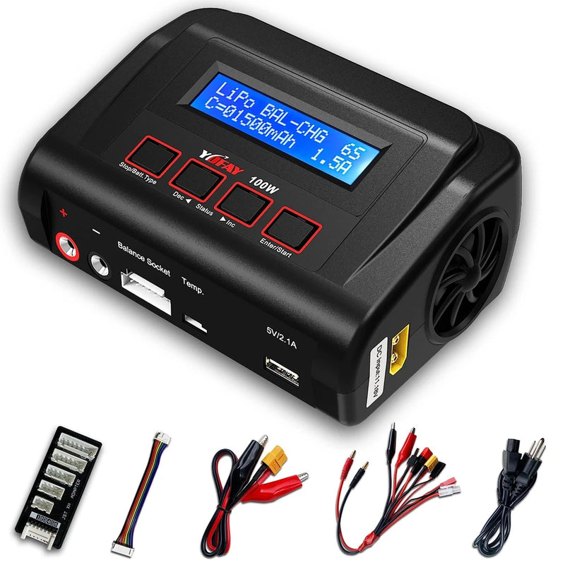 100W AC/DC Lipo Battery Charger for 2S-6S Packs, TRX/XT60/T-Deans/JST Clips Battery