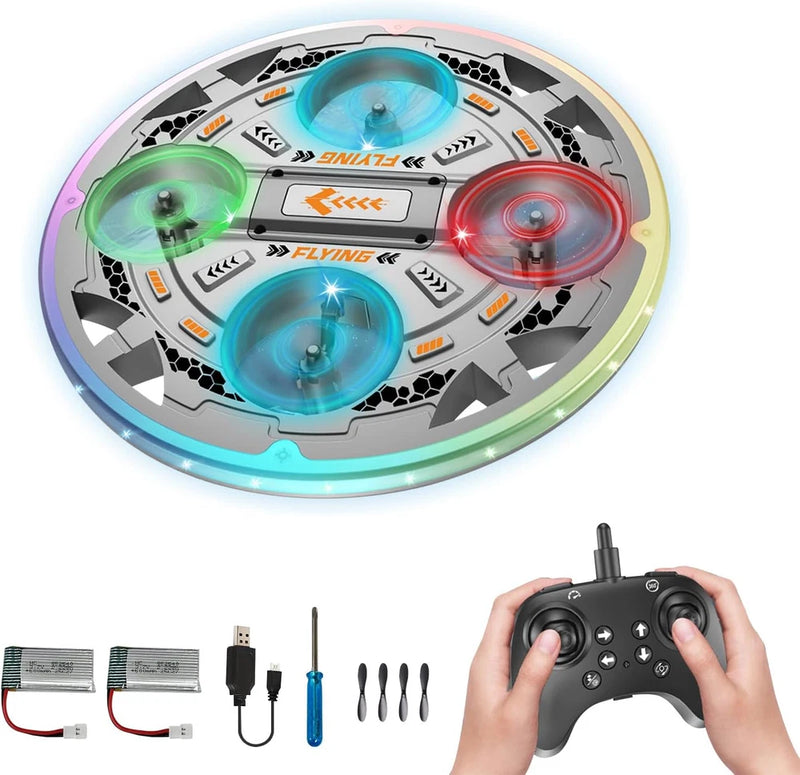 Kids RC UFO drone with glowing blue, green, red lights and remote controller set