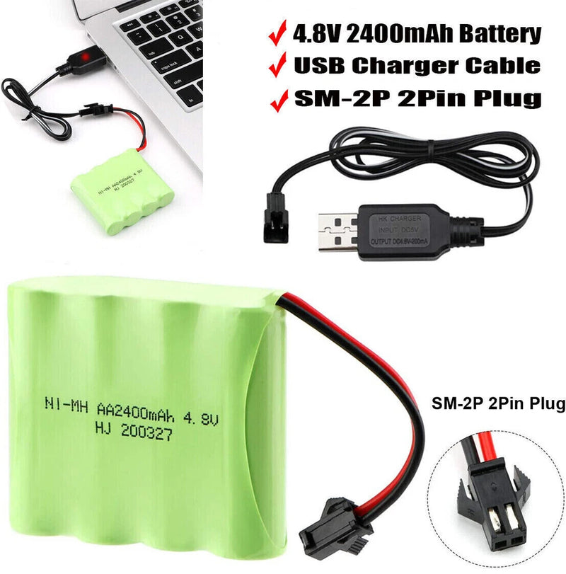 1PCS 4.8V 2400mAh NI-MH AA Battery Pack SM-2P 2Pin Plug+Charger for RC Car Truck