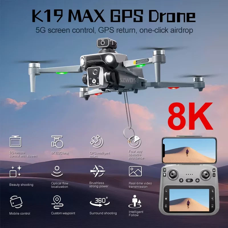 GPS foldable drone with 8K camera and remote controller showing two screens