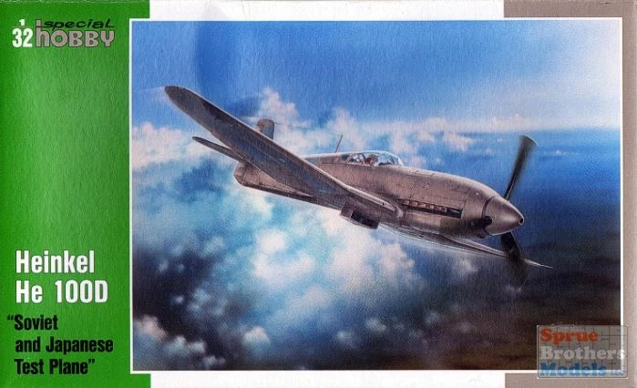 1:32 Heinkel He 100D airplane model kit box art, brown propeller aircraft in flight