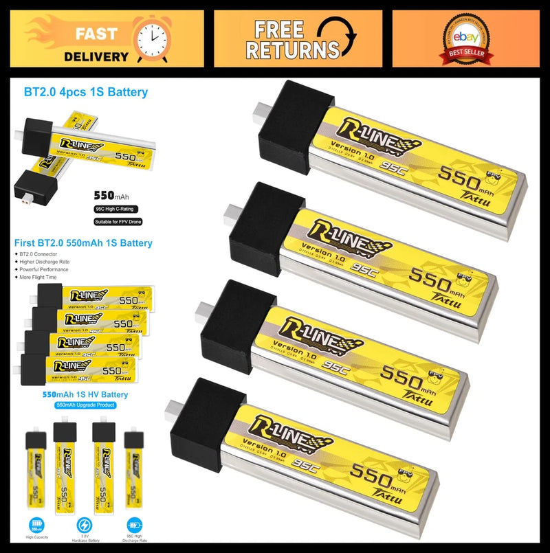 4PCS 550mAh 1S LiPo Battery 3.8V 95C with BT2.0 Connector for Tiny Whoop Drones Battery