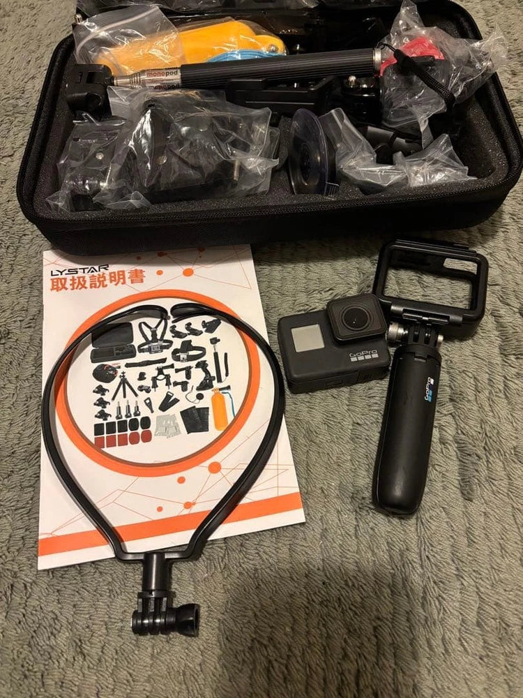 GoPro Hero7 action camera bundle with black camera, mounts, and accessories kit
