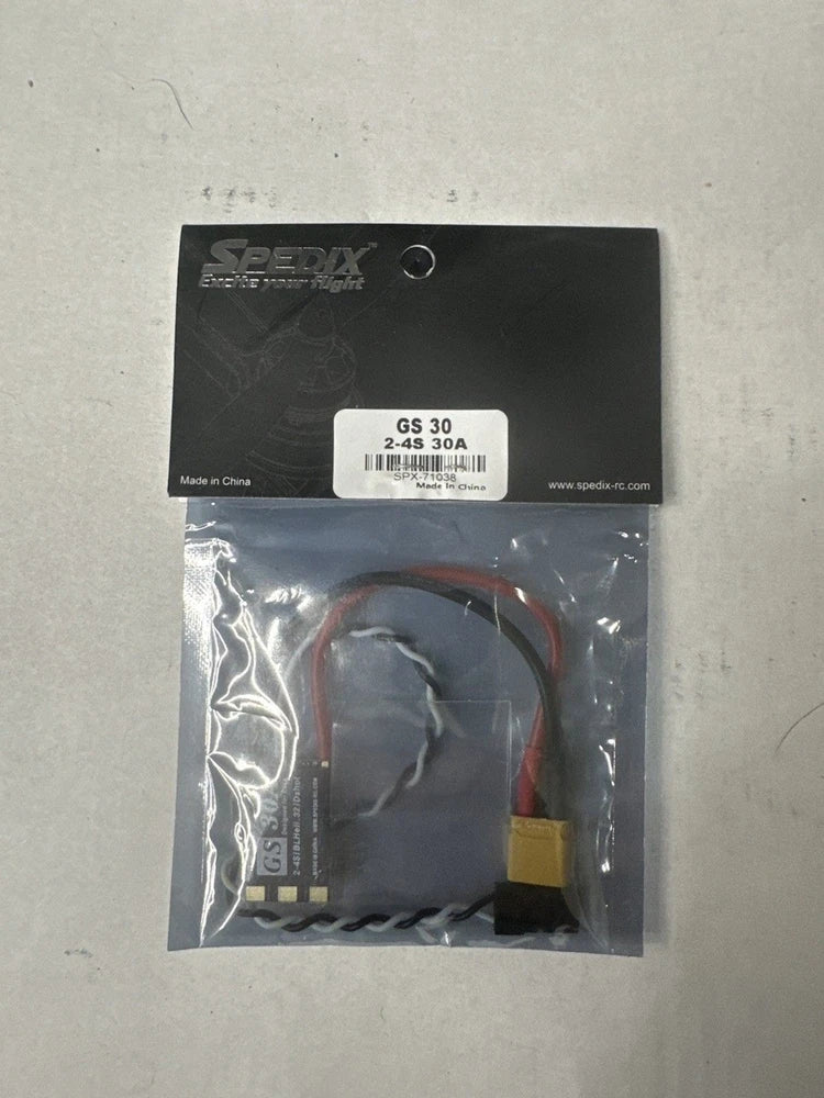 FPV brushless ESC 2–4S 30A with wiring harness, sealed retail bag