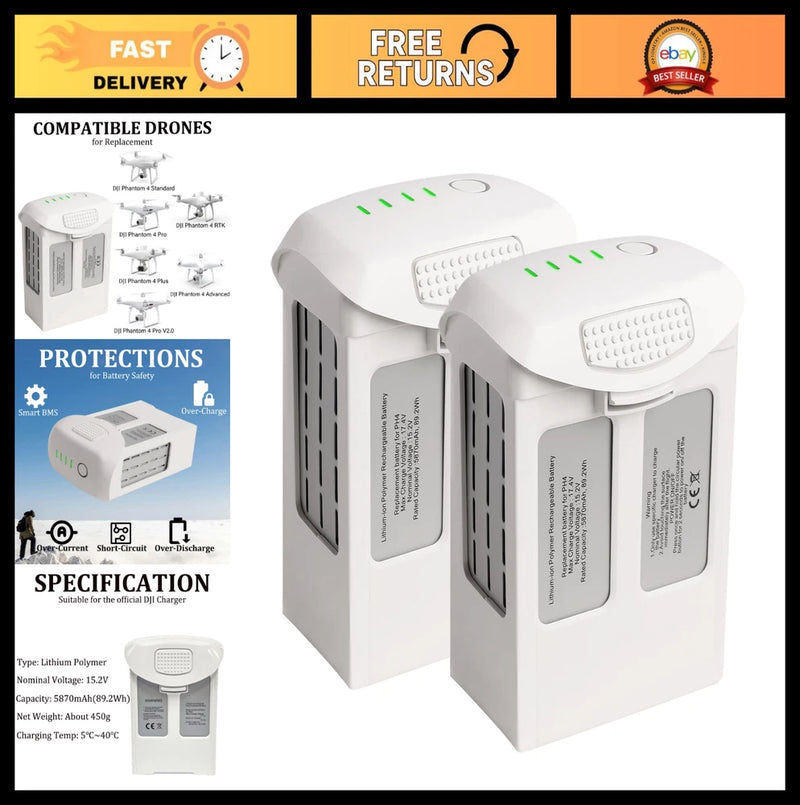 2 Pack 5870mAh Drone Battery Replacement for Phantom 4 Standard/Pro/RTK/Advanced Battery