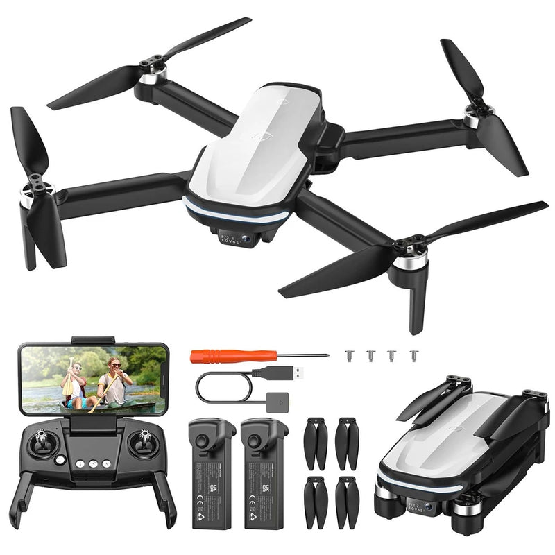 White FPV drone with 1080p camera, four black propellers, controller and batteries set