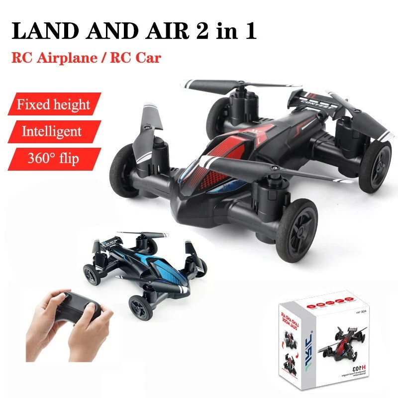 2-in-1 RC land-and-air toy vehicle, black red gray, with propeller and wheels